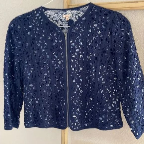 CHICO'S Eyelet Cotton Linen Blend Coat 2 - Picture 7 of 10